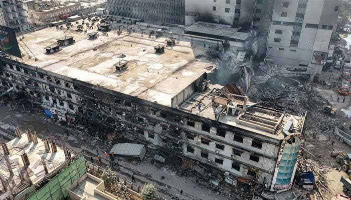 Gul Plaza charred remains after the January 2026 fire (The News)